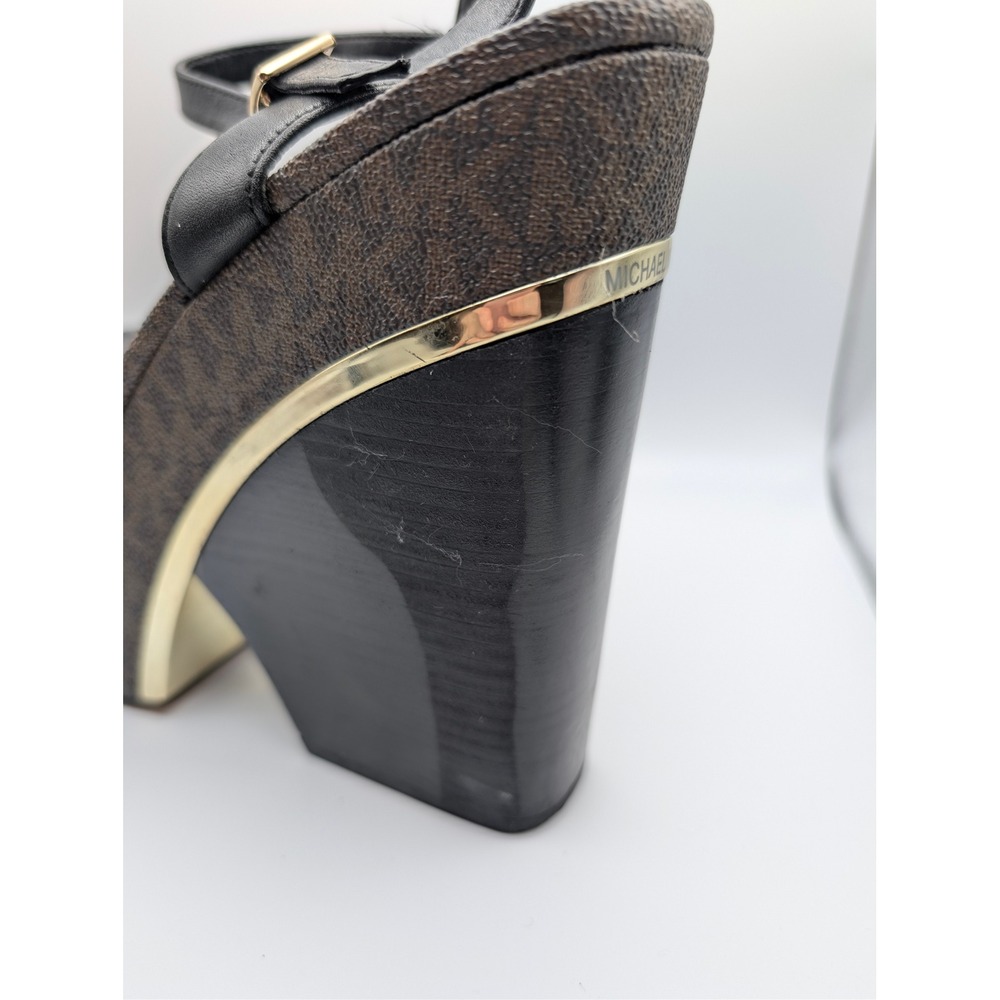Michael Kors Womens Black Leather MK Signature Platform Wedge Sandals Size 8.5 - Picture 7 of 11